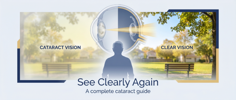 Split image showing cataract vision as blurry and yellowed on one side and clear, vibrant vision after surgery on the other, with an eye diagram illustrating lens replacement.