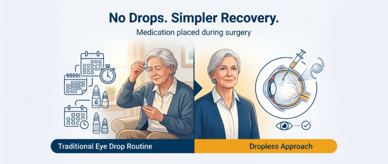 Split visual comparing traditional cataract surgery with multiple eye drops versus dropless cataract surgery where medication is placed inside the eye during the procedure.